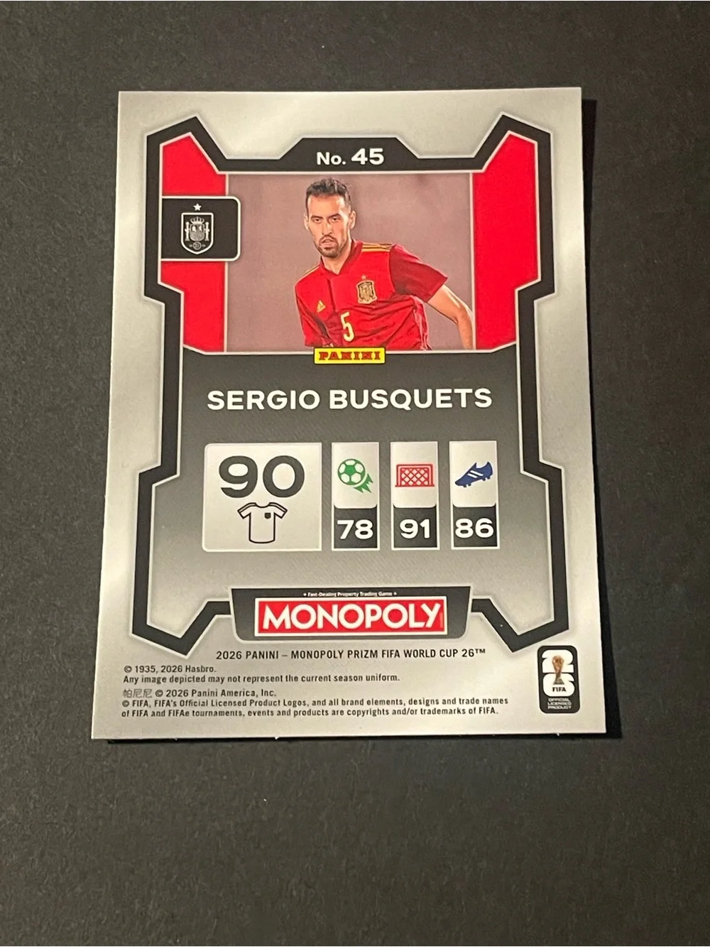 Panini 2026 Prizm Monopoly FIFA World Cup Sergio Busquets Spain #45 Base Card